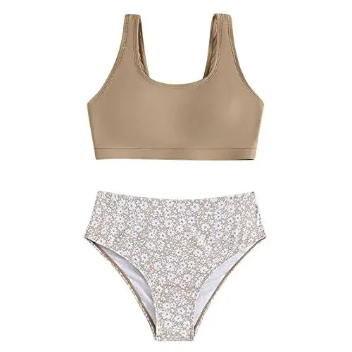 Produktbild: Mädchen Zweiteiliger Badeanzug Einfarbige Bikinioberteil mit Blumen Drucken Bikinihose Bikini Teenager für 8-14 Jahre