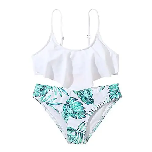 Produktbild: Mädchen Zweiteiliger Badeanzug Rüschen Hawaii Gedruckt Bikinioberteil mit Bikinihose Bikini Teenager für 8-14 Jahre