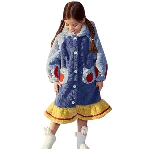 Produktbild: Mädchen-Nachthemd Langarm Cartoon Flanell Nachthemd für Mädchen lockere Passform Nachtwäsche mit Knopfleiste und Taschen Kleinkind Kinder Bademantel mit Kapuze Pyjamas Robe Herbst Winter 3-10 Jahre