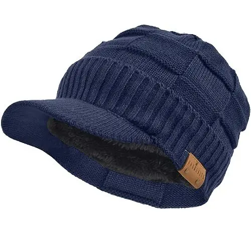 Produktbild: Männer Gestrickte Visier Mütze Vlies Gefüttert Stulpe Winter Täglich Strickmützen (Plaid-Marine)