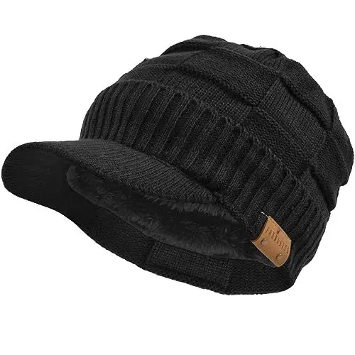 Produktbild: Männer Gestrickte Visier Mütze Vlies Gefüttert Stulpe Winter Täglich Strickmützen (Plaid-Schwarz)