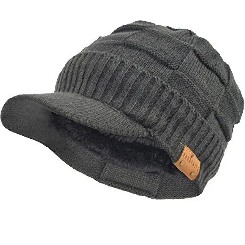 Produktbild: Männer Gestrickte Visier Mütze Vlies Gefüttert Stulpe Winter Täglich Strickmützen (Plaid-Grau)