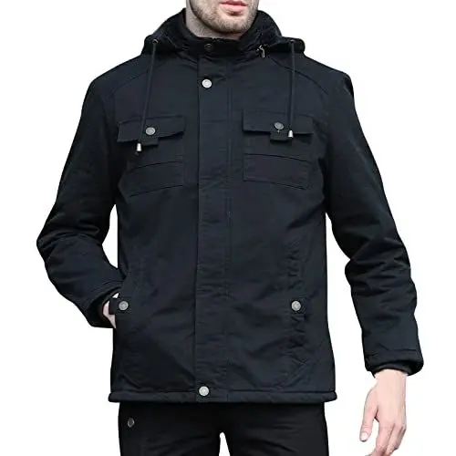 Produktbild: Männer Herbst und Winter Warme Langarm Stehkragen Tasche Lose Hemd Top Jacke Mäntel Herren (Black, XXXL)