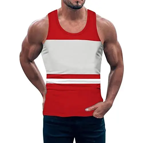 Produktbild: Männer Sommer gestreiftes lässiges Strand-Top-Hemd Elegantes Sport-Sleeveless Beach Shirt Top Loose Tank Top Mens Solid Tank Tank Top Strand (L,Rot)