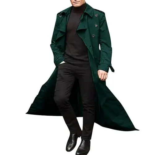 Produktbild: Herren Klassisch Länge Zweireihiges Revers Trenchcoat Casual Slim Fit Ultradünner Windbreaker Stilvoll Outdoor Winddichter Sonnenmantel Grün M
