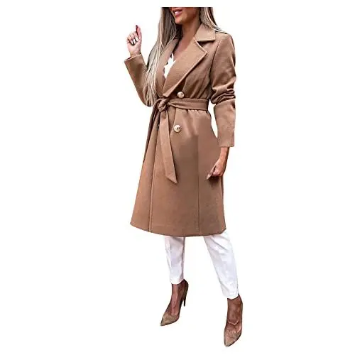 Produktbild: Mäntel Damenen Doppelreiher Mantel Buissnes Modische Solid mit Reverskrage Mantel Woman Tweed Passform Soft Langarm Winter Tunika Kaffee