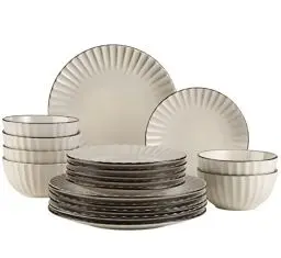 Produktbild: MÄSER 931967 Serie Osita Retro Tafelservice für 6 Personen mit Wellenform, 18-teiliges rundes Geschirrset mit Speiseteller, Dessertteller und Müslischale, Essgeschirr Set, Steinzeug, Cremeweiß