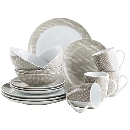 Produktbild: MÄSER Kitchen Time II, Geschirr-Set für 4 Personen, 16-tlg Kombiservice in Pastellfarben mit dezentem Muster, Porzellan, Beige