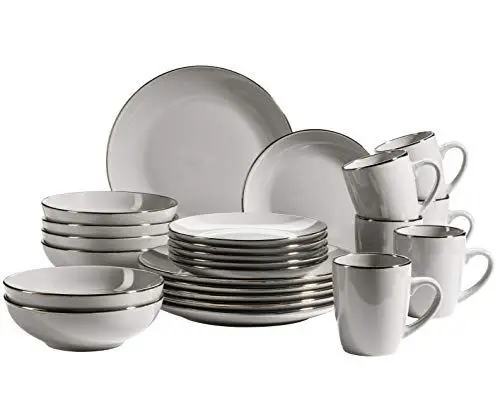 Produktbild: MÄSER Metallic Rim, Modernes Geschirr Set für 6 Personen mit messingfarbenem Rand, 24-teiliges Kombiservice mit randlosen Coupe-Formen, Steinzeug, Grau