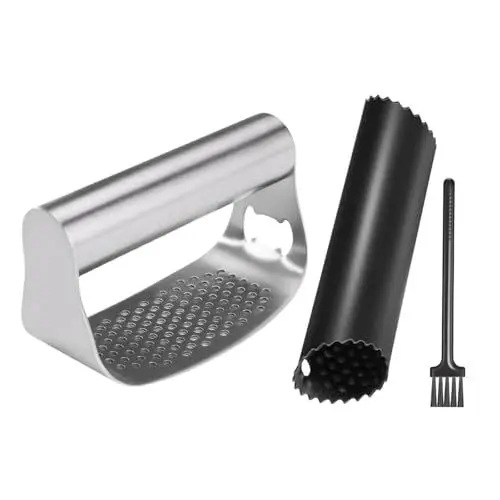 Produktbild: MAEXUS® Knoblauchpresse Edelstahl, Rostfreier Knoblauchpresse mit praktischem Reinigungsbürstchen und Silikon Knoblauchschäler, Knoblauchpresse mit einfacher Handhabung für Knoblauchzubereitung
