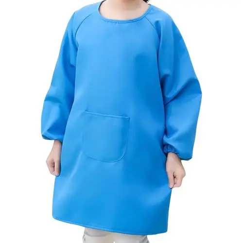 Produktbild: MAEXUS Malkittel Schule, Wasserdichter Kunstkittel für Kinder, Kinderschürze mit Taschen, Malschürze für Kunst Kinder Malerei 120-145cm Junge/Mädche (Blau)