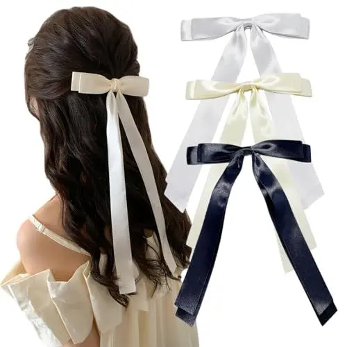 Produktbild: MAEXUS® Seidige Satin-Haarschleife Damen, 3 Stück Schwarz-weißes Haarband, Haarspange, Haarschleifen Haar Accessoire Frauen, Haarklammer Schleife in Schwarz und Weiß und Beige