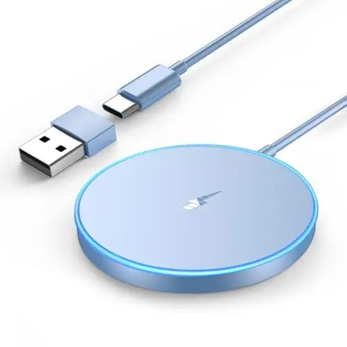 Produktbild: Mag Ladegerät iPhone, Wireless Charger induktive ladestation für iPhone 16-12 Serie, AirPods 3/2, LED kabelloses ladegerät mit Zwei Ladeanschlüssen(Blau)