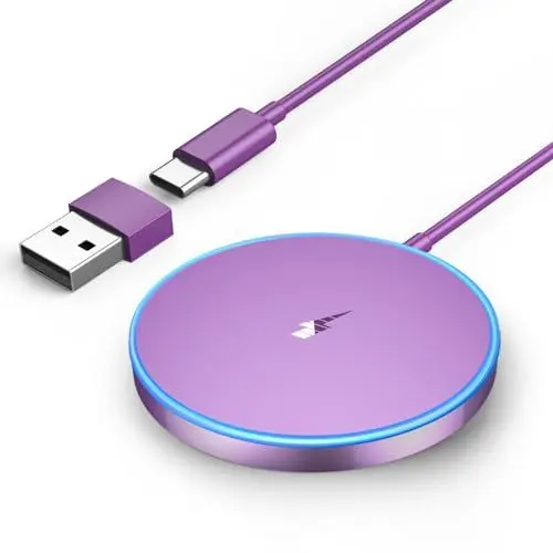 Produktbild: Mag Ladegerät iPhone, Wireless Charger induktive ladestation für iPhone 16-12 Serie, AirPods 4/3/2, LED kabelloses ladegerät mit Zwei Ladeanschlüssen(Lila)