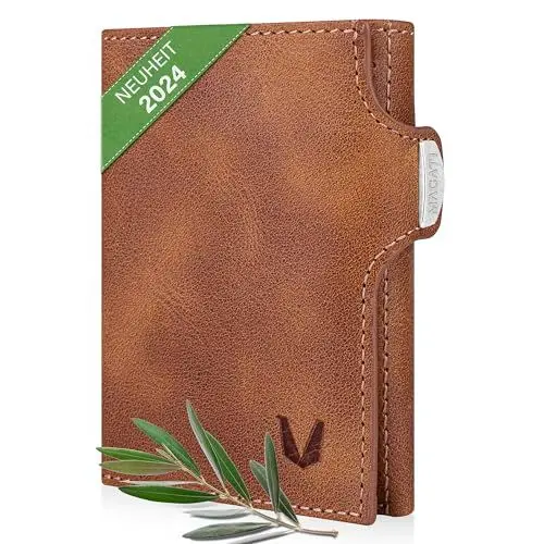 Produktbild: MAGATI Slim Wallet mit Münzfach, RFID-Schutz - Mini Geldbörse Herren & Damen klein - il Santo Kartenetui - Kartenhalter Einkaufswagenchip-Fach Portemonnaie klein – Geldbeutel, Braun