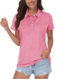 Produktbild: MAGCOMSEN Damen Polo Golf Kurzarmshirts Meliert Sport Polohemd Outdoor Quick Dry T-Shirt für Yoga Fitness Damen Atmungsaktiv Laufshirt Short Sleeve Trainingshirt mit 1/4 Knopfleiste Pink XL