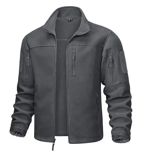 Produktbild: MAGCOMSEN Herren Stehkragen Fleecejacke Full Zip Army Jacken Winddicht Übergangsjacke Herren Military Winterjacke Outdoor Jagden Wandern Fliesjacke mit Vielen Taschen Dunkelgrau M