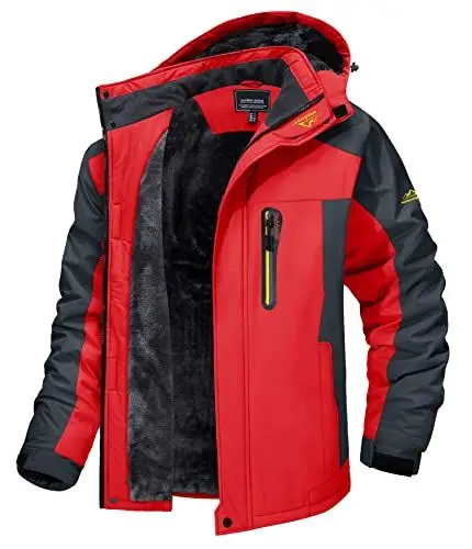 Produktbild: MAGCOMSEN Winterjacke Herren Winddicht Outdoorjacke Warme Skijacke Atmungsaktiv Softshell Herrenjacke Fleece Gefüttert Jacke Regenmantel mit Abnehmbarer Kapuze Rot L