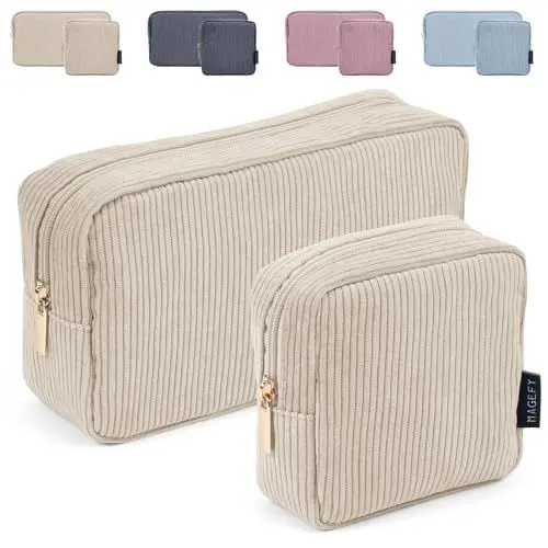 Produktbild: MAGEFY 2 Pcs Kleine Make up Tasche für Handtasche, Cord Make up Tasche mit Fächern Reise Make up Tasche für Mädchen Frauen (Beige)