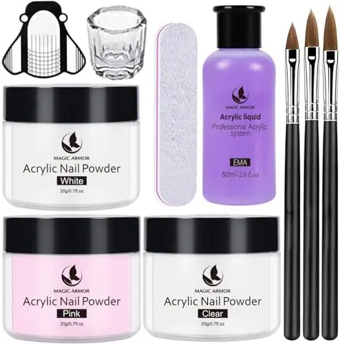 Produktbild: MAGIC ARMOR Acryl Nägel Kit, 3 pcs Acryl Pulver mit Acryl Liquid für Nägel Langsame Erstarrung, Acryl Liquid Geruchsarm für Anfänger und Nagelexperten DIY Nail Art Design, Keine UV-Lampe erforderlich