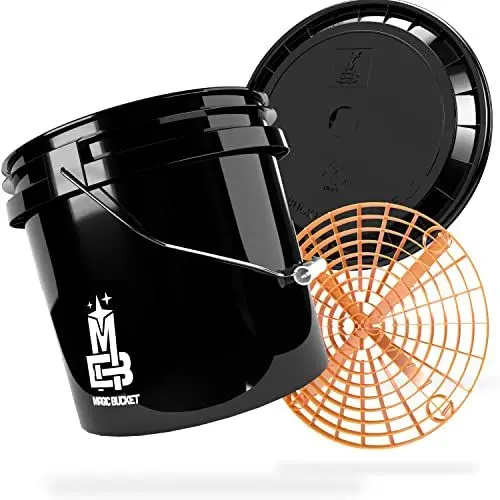 Produktbild: MAGIC BUCKET | Auto Handwäsche Bundle | Wascheimer mit passendem Eimer Deckel 3,5 US GALLONEN ca. 13 Liter | Mit Grit Guard Eimereinsatz Schmutzsieb | Waschset Schwarz/Orange
