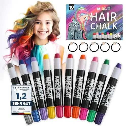 Produktbild: Magicat Premium Haarkreide für Mädchen Set I 10 Farben & 5 Haargummis I Auswaschbar & Ungiftig I Ideal für Kreativität & Spaß I Haarkreide für Kinder I Prüfengel Institut Note 1,2