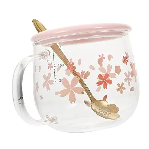 Produktbild: MAGICLULU 1 Satz Kirschblütenglas Teebecher mit Deckel Becher aus klarem Glas Kaffeebecher mit Deckel Trink Gläser Kaffeetasse Trinkbecher empfindlich Wasserbecher Becher trinken Edelstahl