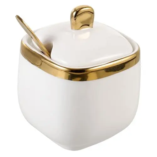 Produktbild: MAGICLULU 1 Stk Gewürzdose Aus Keramik Zuckerschale Mit Deckel Und L?ffel Kasten Container Topf Salzgl?ser Gewürzglas Mit L?ffel Gewürzdose Porzellan Weiß Lagerung Produkte Edelstahl