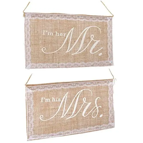 Produktbild: MAGICLULU 2er Set Jute Hochzeitsdekoration Mr & Mrs Stuhlbanner Mit Alphabet Druck Elegante Hochzeitsbanner Für Braut Und Bräutigam Rustikale Partyflaggen Hochzeitsschild