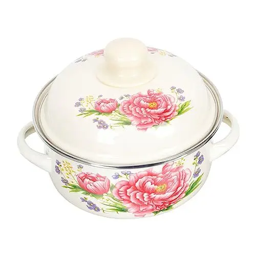 Produktbild: MAGICLULU Enamel Suppentopf Mit Deckel Multifunktionaler Hochtemperaturbeständiger Kochtopf Für Eintöpfe Suppen Und Pasta Pinke Chrysanthemen Zwei Griffe Für Sichere Handhabung
