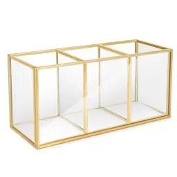 Produktbild: MAGIIN Retro Deco-Schmuck-Kasten Metall Gold Messing Farbe Transparent Glass 3 Compartments - Nordic Stil Vintage-Schmuck Storage Makeup-Schmuck-Kosmetik Tablett Für Kommode, Badezimmer (A)