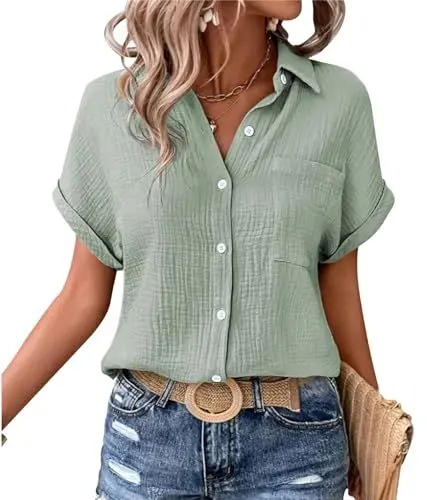 Produktbild: MAGIMODAC Damen Hemdbluse Kurzarm Baumwolle Shirt Hemd Bluse Sommer Freizeit Tshirt Casual Lässige Oberteile mit Knöpfen Hellgrün M