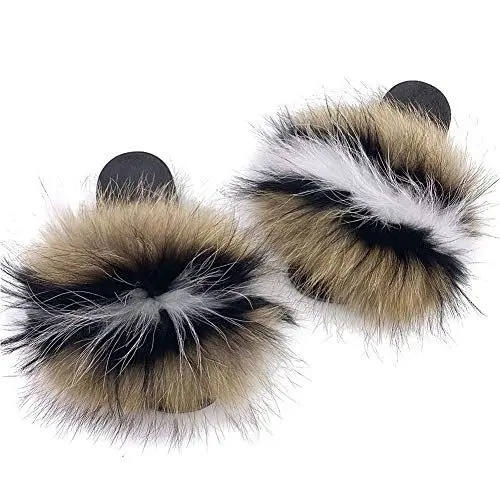 Produktbild: MAGIMODAC Kunstfell Pantoffeln Damen Pelz Hausschuhe Sandal Slipper Flauschig rutschfest (Weiß schwarz braun, Numeric_38)
