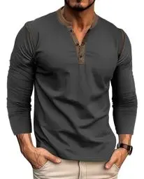 Produktbild: MAGIMODAC Langarm Tshirt Herren Hemd Oberteile Baumwolle Langarmshirt V Ausschnitt Henley Shirt Tee Top T-Shirts mit Knopfleiste Grau L