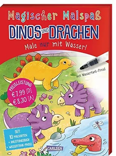 Produktbild: Magischer Malspaß: Dinos und Drachen: Male nur mit Wasser! Set mit Anleitungsheft, Wassertank-Pinsel und 10 Zauberkarten