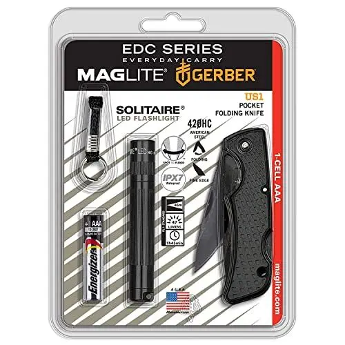 Produktbild: MAGLITE Solitaire LED 1AAA Mini-Taschenlampe schwarz GERBER Pack (Messer)