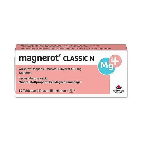 Produktbild: magnerot CLASSIC N Tabletten, 50 Stück: Magnesium gegen Muskel- und Wadenkrämpfe infolge von Magnesiummangel, Entspannung für Muskeln und Nerven mit Magnesiumorotat, unterstützt die Muskelfunktion