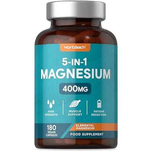Produktbild: Magnesium Komplex Hochdosiert | Aus 5 hochwertigen Formen | 400mg Elementares pro Tagesdosis | mit citrat, Bisglycinat, Malat und Oxid | 180 Vegane Stk | Horbaach