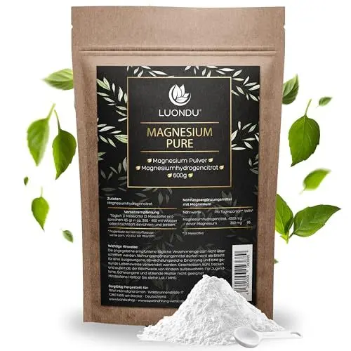 Produktbild: Magnesium Pure Pulver 4500mg Magnesiumhydrogencitrat Pulver 360mg elementares Magnesium - Luondu 600g