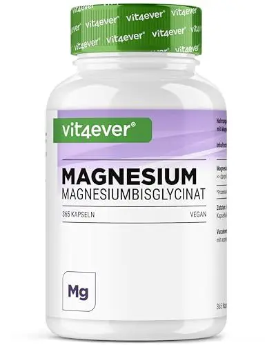 Produktbild: Magnesiumbisglycinat - 365 Kapseln - Premium: Chelatiertes Magnesium - 155 mg elementares Magnesium pro Kapsel - Laborgeprüft - Vegan - Hochdosiert