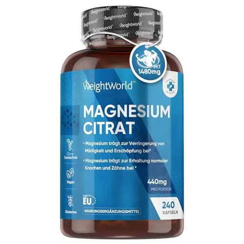 Produktbild: Magnesiumcitrat gepuffert - 240 vegane Kapseln - 444mg Elementares Magnesium pro Portion - 4 Monate Vorrat - Magnesium Citrate Capsules - Alternative zu Tabletten oder Pulver - von WeightWorld