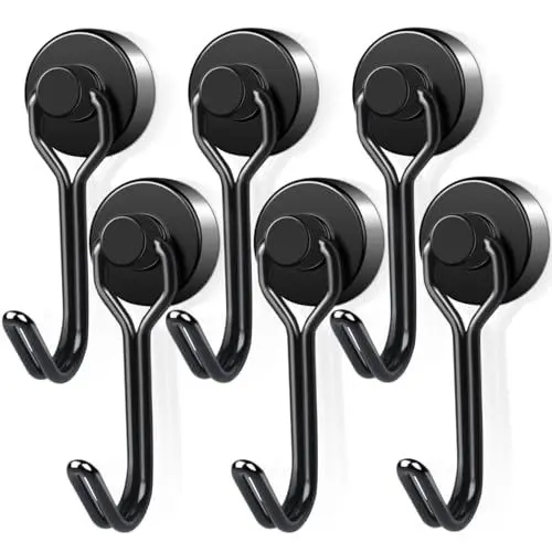 Produktbild: Magnethaken Extra Stark, 6Stück 16mm Neodym Magnet Hacken hält 10kg, Drehbar Magnetischer Haken rostfrei Metallhaken für Küche kühlschränke Schließfächer, Schwarz Neodym Magnete Haken Magnetisch