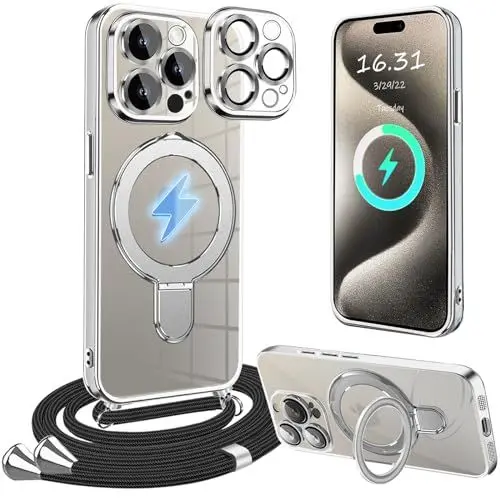 Produktbild: Magnetisch HandyHülle für iPhone 15 Pro Max Hülle mit Band,(Kompatibel mit Magsafe) Transparente Silikon Stoßfest Handykette Schutzhülle Ring Ständer Kameraschutz Case mit Kette für iPhone 15 Pro Max