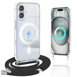 Produktbild: Magnetisch Handykette Kompatibel mit iPhone 16 Hülle mit Band,(Kompatibel mit Magsafe)(Mit Kette)Transparente Handyhülle Schlank Silikon PC Stoßfest Schutzhülle für iPhone 16 Handykette, Schwarz