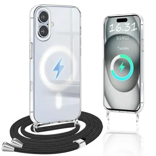 Produktbild: Magnetisch Handykette Kompatibel mit iPhone 16 Hülle mit Band,(Kompatibel mit Magsafe)(Mit Kette)Transparente Handyhülle Schlank Silikon PC Stoßfest Schutzhülle für iPhone 16 Handykette, Schwarz