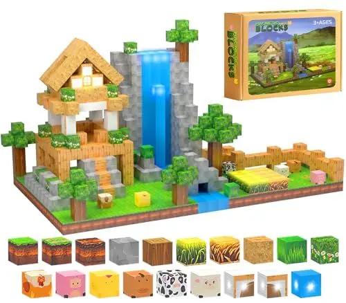 Produktbild: Magnetische Bausteine, 138 Stück Magnetic Building Blocks mit LED Lampe, Magnetbausteine zum Thema Bauernhof, Magnet Spiel Montessori Spielzeug für Kinder Jungen und Mädchen ab 3 4 5 6 7 8 9 10 Jahre