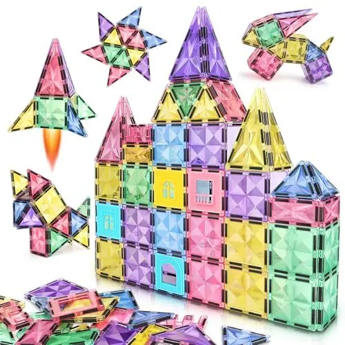 Produktbild: Magnetische Fliesen Kinderspielzeug STEM Magnet Spielzeug für Kinder Blöcke Bauspielzeug Vorschule Lernen Spielzeug Geschenk für 3+ Jahre (Magnetische Bausteine, Stückzahl, 60)