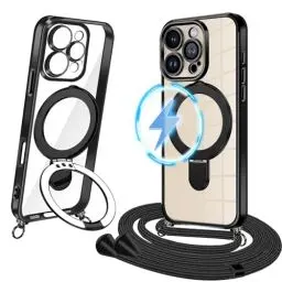 Produktbild: Magnetische Handykette für iPhone 16 Pro Hülle mit Band (Kompatibel mit MagSafe) Transparent Silikon Handyhülle mit Kette Durchsichtig Schutzhülle zum Umhängen Stoßfeste Case mit Schnur mit Ring