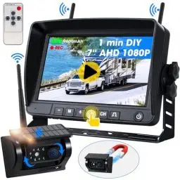Produktbild: Magnetische Solar Rückfahrkamera Kabellos 1080P Funk Rückfahrkamera mit 9600mAh Akku Kein Bohren Wiederaufladbar Rückfahrkamera Wohnmobil 7 Zoll Monitor für LKW Auto Wohnwagen DVR