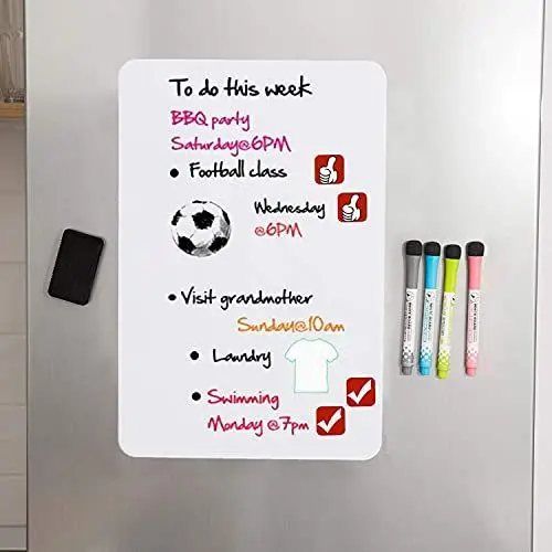 Produktbild: Magnetische Whiteboard-Platte für Kühlschrank – mit schmutzabweisender Technologie – inklusive 4 Markern und 4 magnetischen Symbolen und einem Radiergummi – Kühlschrank-Whiteboard-Planer 17x11 inch